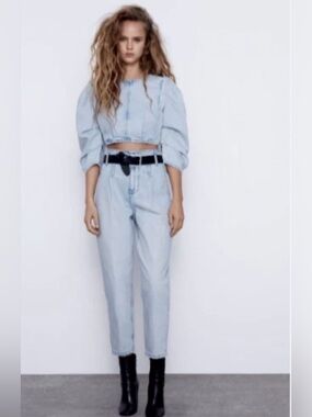 Zara Light Blue Denim Cropped Puff-Sleeve Top